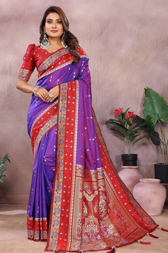 Violet handloom kalamkari silk blend saree with zari woven work