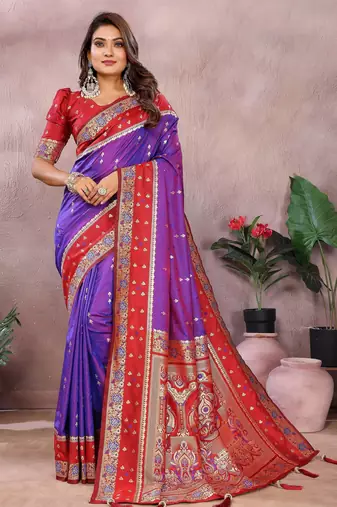 Violet handloom kalamkari silk blend saree with zari woven work
