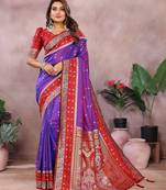 Violet handloom kalamkari silk blend saree with zari woven work