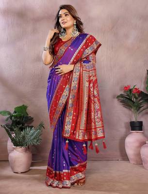 Violet handloom kalamkari silk blend saree with zari woven work 2