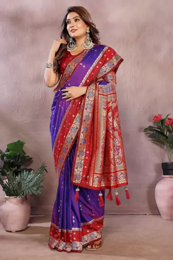 Violet handloom kalamkari silk blend saree with zari woven work