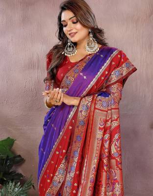 Violet handloom kalamkari silk blend saree with zari woven work 3
