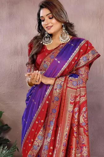 Violet handloom kalamkari silk blend saree with zari woven work