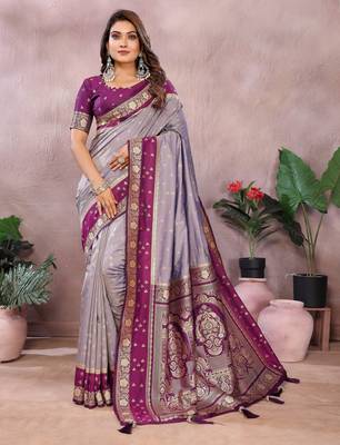 Lavender handloom kalamkari silk blend saree with zari woven work 1