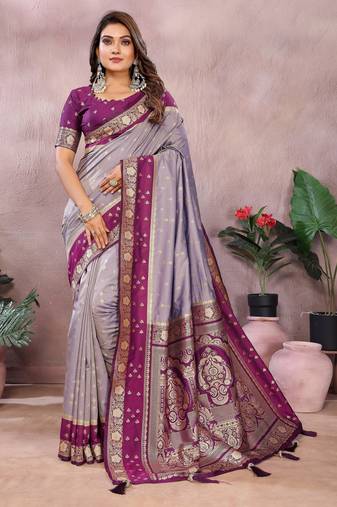 Lavender handloom kalamkari silk blend saree with zari woven work