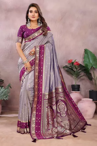 Lavender handloom kalamkari silk blend saree with zari woven work