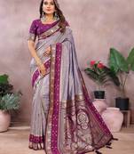 Lavender handloom kalamkari silk blend saree with zari woven work