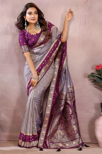 Lavender handloom kalamkari silk blend saree with zari woven work