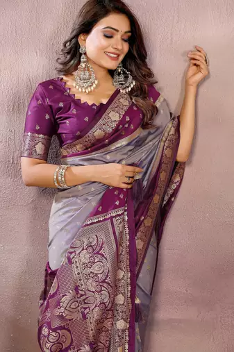 Lavender handloom kalamkari silk blend saree with zari woven work