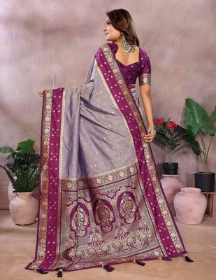 Lavender handloom kalamkari silk blend saree with zari woven work 4