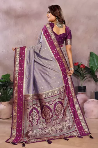 Lavender handloom kalamkari silk blend saree with zari woven work
