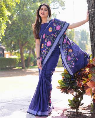 Enchanted garden blue embroidered saree with blouse 1