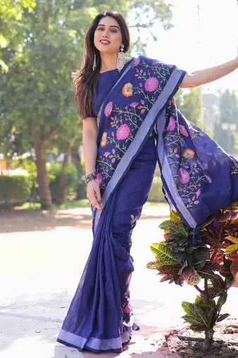 Enchanted garden blue embroidered saree with blouse