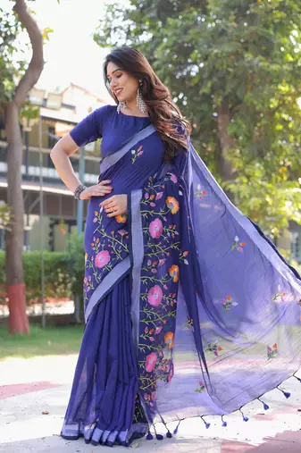Enchanted garden blue embroidered saree with blouse