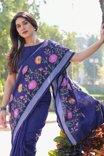 Enchanted garden blue embroidered saree with blouse