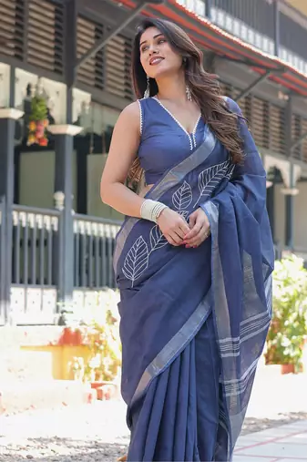 Neelam embroidered cotton saree with blouse