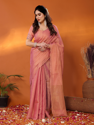 Rukmani onion pink tissue saree with blouse 1