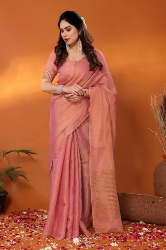 Rukmani onion pink tissue saree with blouse