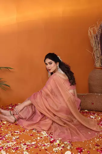 Rukmani onion pink tissue saree with blouse