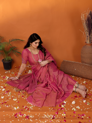 coral red tissue saree with blouse 1