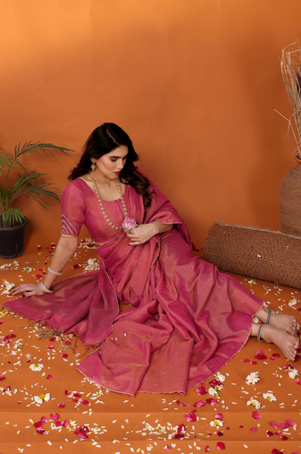 coral red tissue saree with blouse
