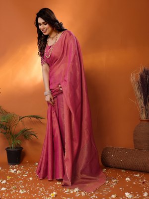 coral red tissue saree with blouse 2