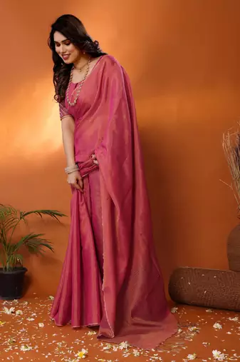 coral red tissue saree with blouse