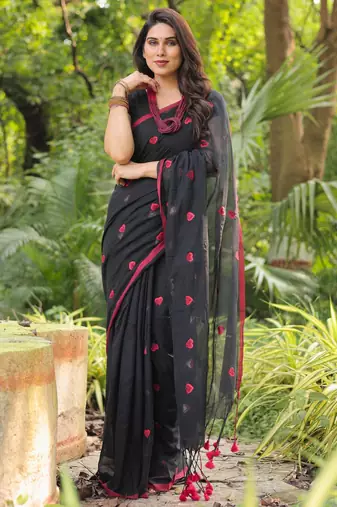 Dilbaru red heart embroidery cotton saree with blouse