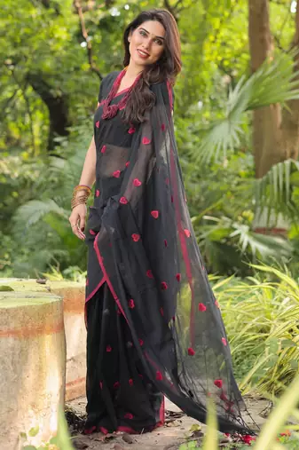 Dilbaru red heart embroidery cotton saree with blouse