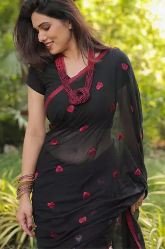 Dilbaru red heart embroidery cotton saree with blouse