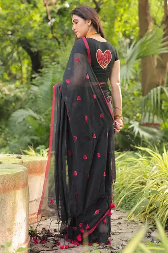 Dilbaru red heart embroidery cotton saree with blouse