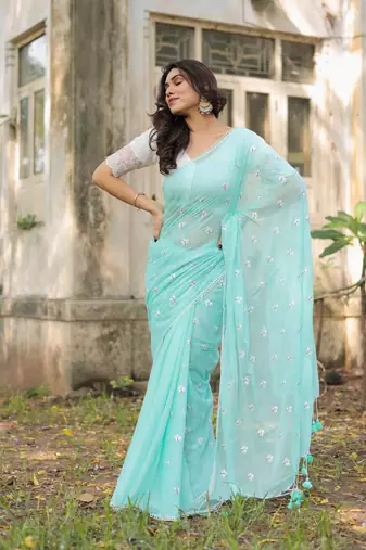 Jenny embroidered mul cotton saree with blouse