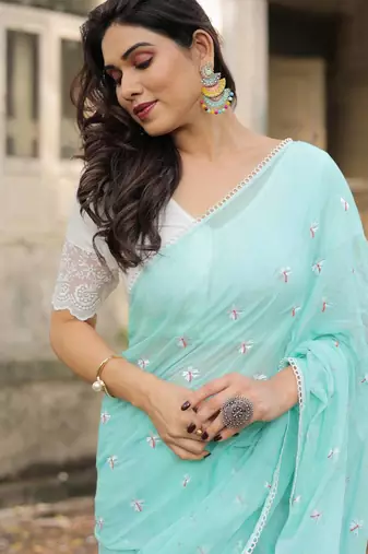 Jenny embroidered mul cotton saree with blouse