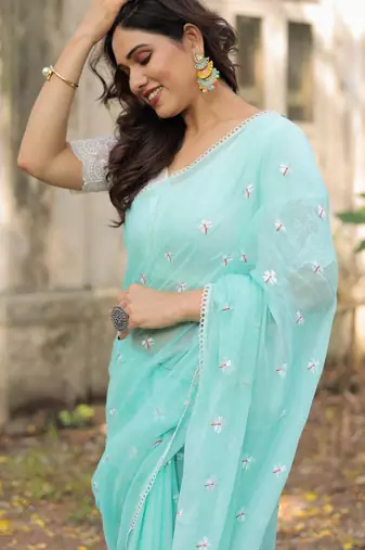 Jenny embroidered mul cotton saree with blouse