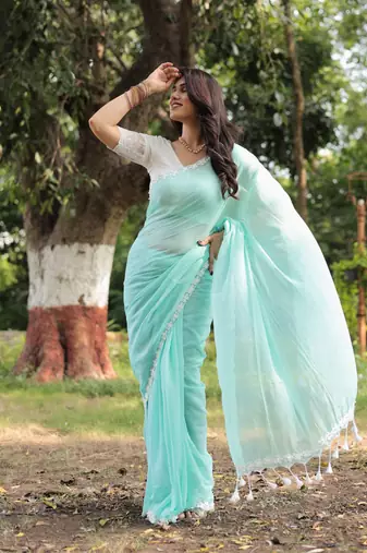 Green rose mul cotton saree with blouse