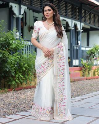 white floral embroidered cotton saree with blouse 2