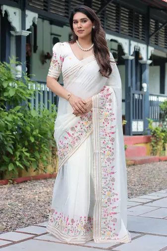 Anuradha white floral embroidered cotton saree with blouse