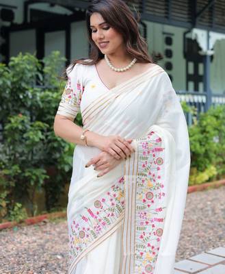 white floral embroidered cotton saree with blouse 4