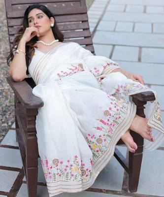 white floral embroidered cotton saree with blouse 5