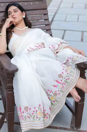 white floral embroidered cotton saree with blouse