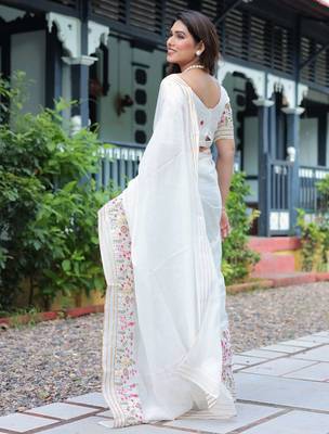 white floral embroidered cotton saree with blouse 6