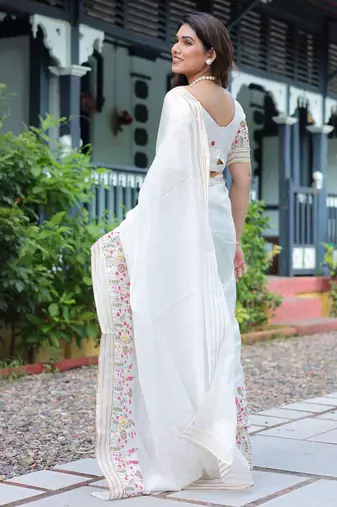white floral embroidered cotton saree with blouse
