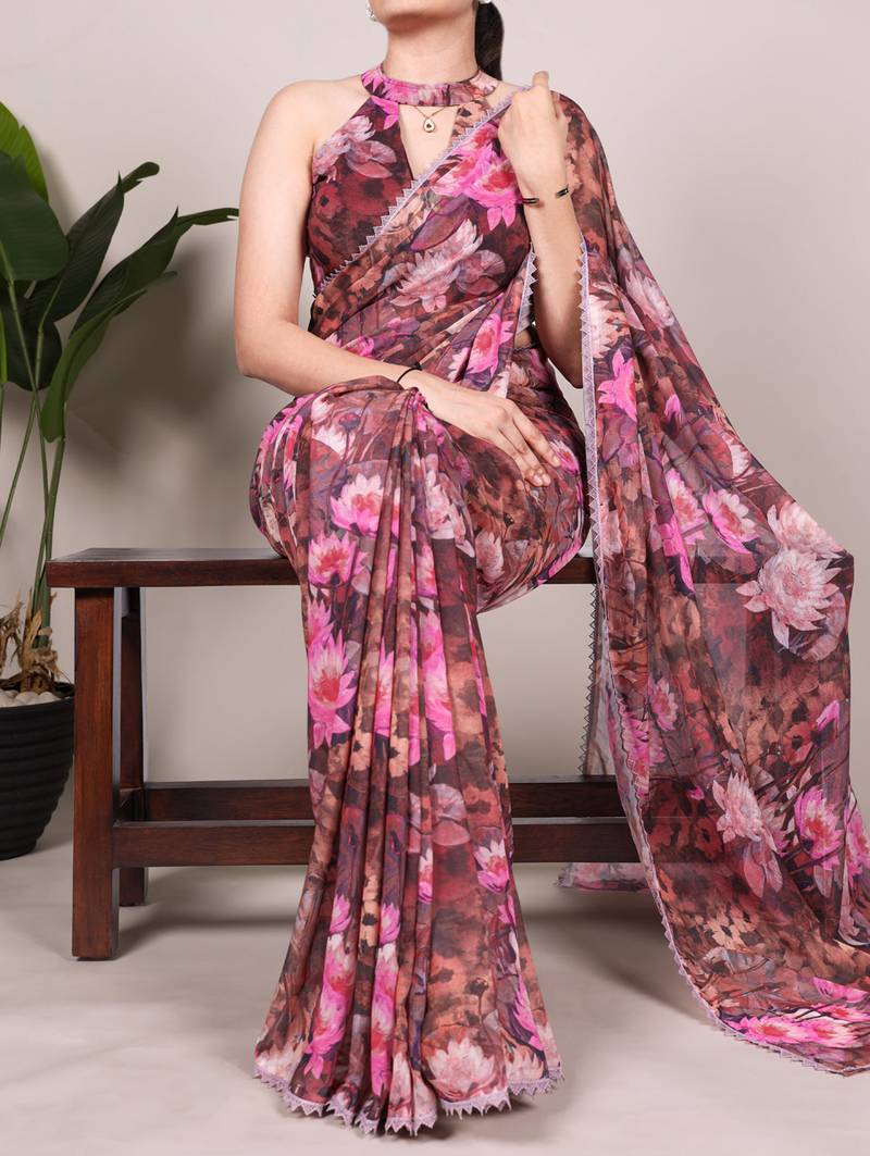 onion pink Weightless Floral printed Saree
