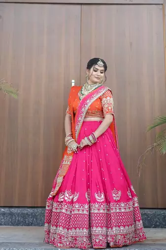 Pink readymade sequin Work Lehenga Choli with Orange Dupatta