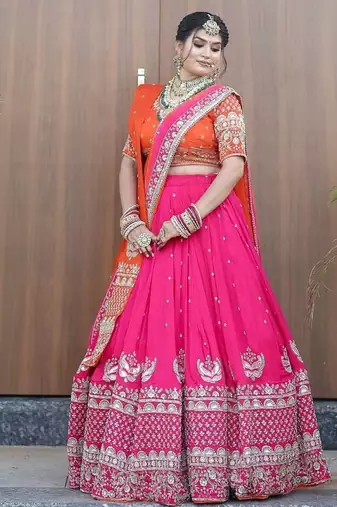 Pink readymade sequin Work Lehenga Choli with Orange Dupatta