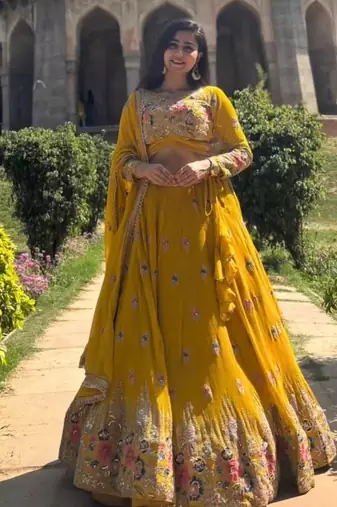 Mustard readymade Haldi Lehenga Choli with sequin Work and Coding Dori