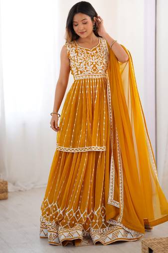 Dazzling Mustard Yellow Georgette Haldi Wear Lehenga With Peplum Top