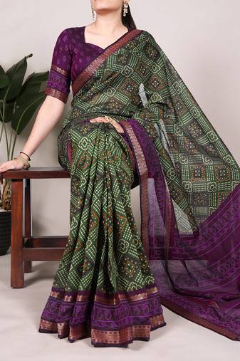 Mehendi Chanderi Bandhej Print Saree with Zari Detailing