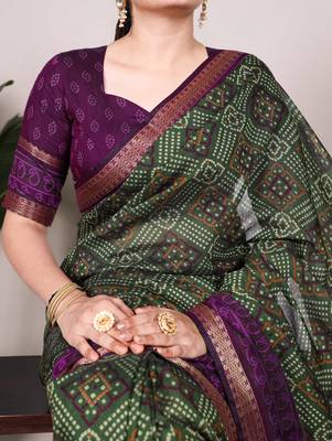 Mehendi Chanderi Bandhej Print Saree with Zari Detailing 2