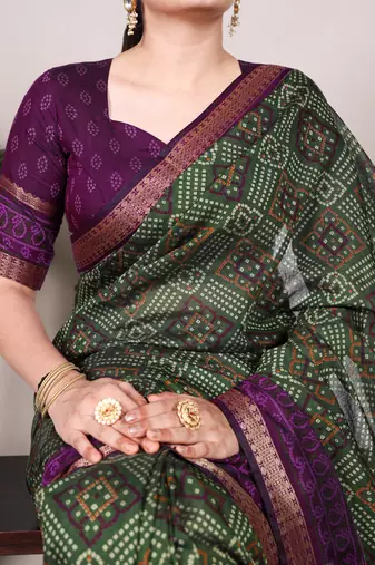 Mehendi Chanderi Bandhej Print Saree with Zari Detailing